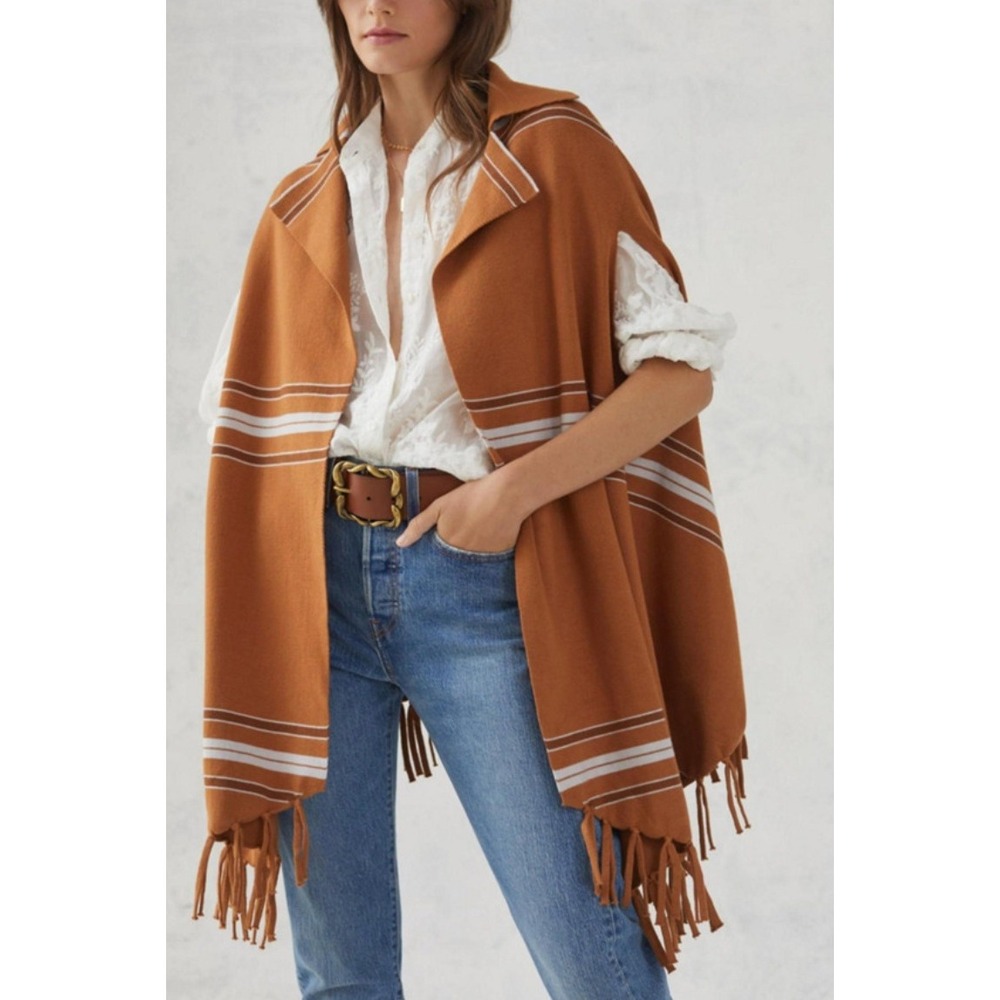 Anthropologie Women's Brown Striped‎ Fringe Capelet One Size NWOT